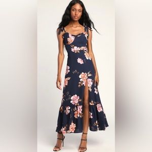 Lulu’s Forever Floral Navy Blue Floral Tie Strap slit maxi dress.
